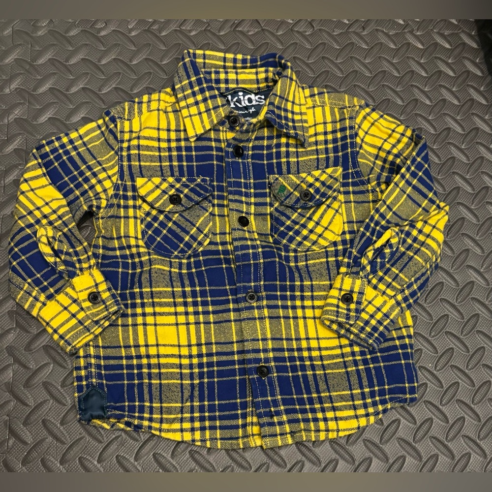 77 kids by American Eagle‎ Sz 2T Yellow Blue Plaid Cotton Flannel Long Sleeves